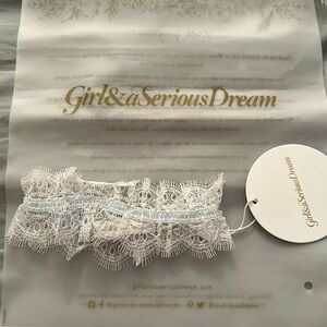 NWT Girl&aSerious Dream blue & white bridal wedding French lace garter for bride